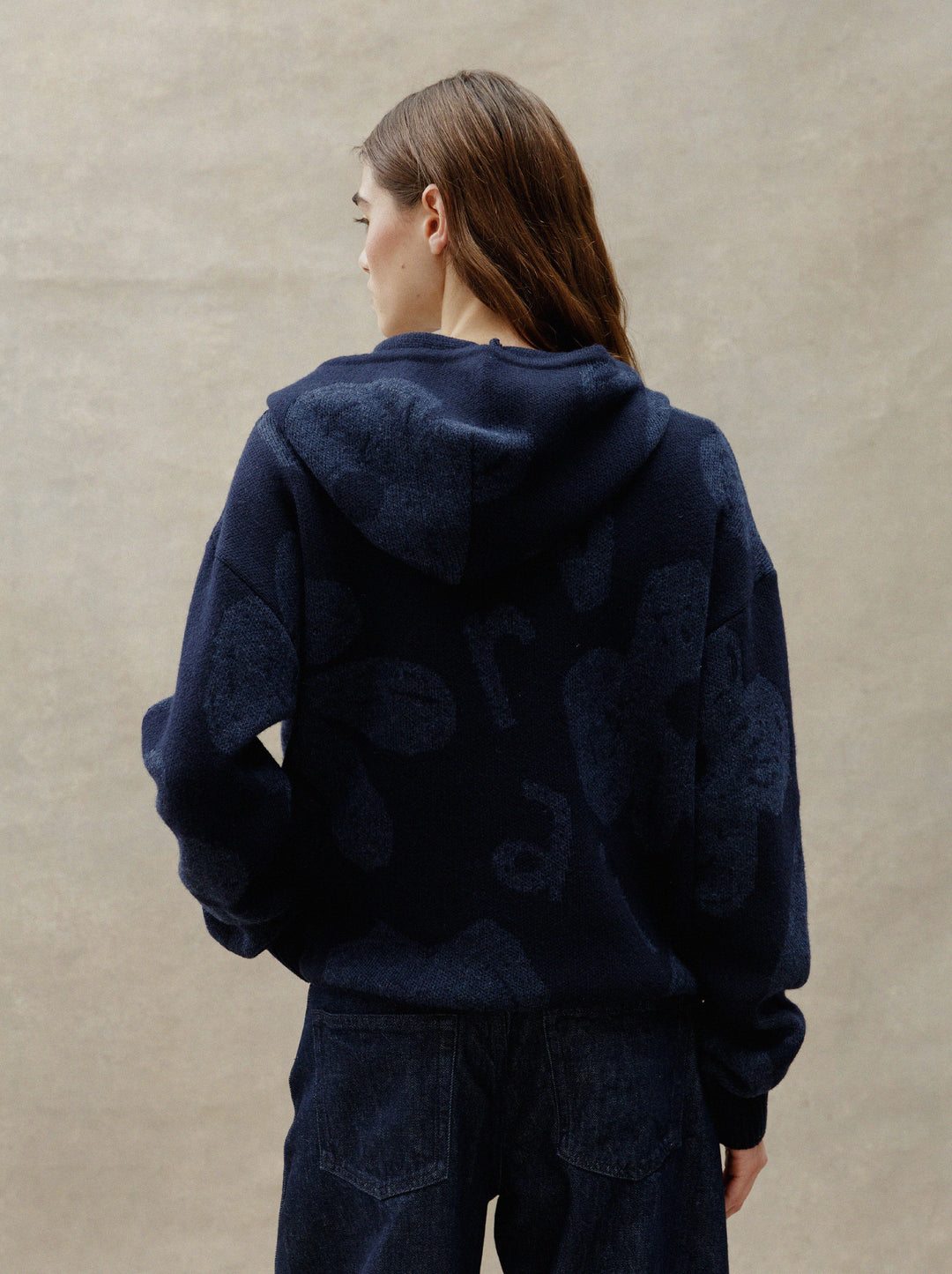Sweat capuche unisexe maille DESSIN FLEURI marine