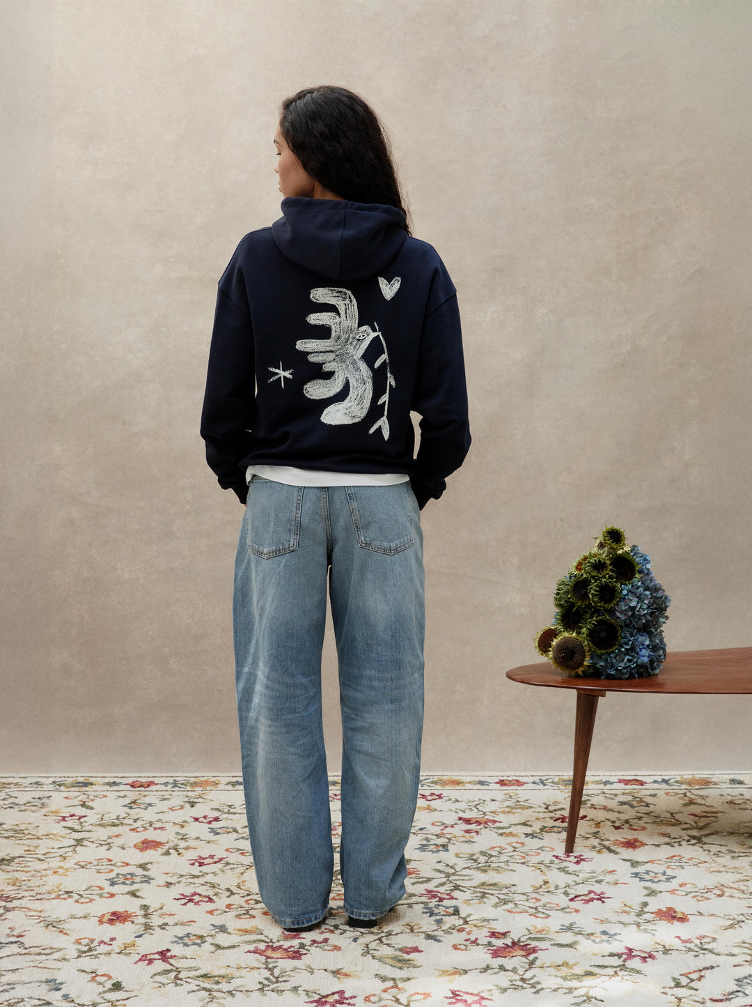 Sweat capuche unisexe L'OISEAU ET LA FLEUR marine