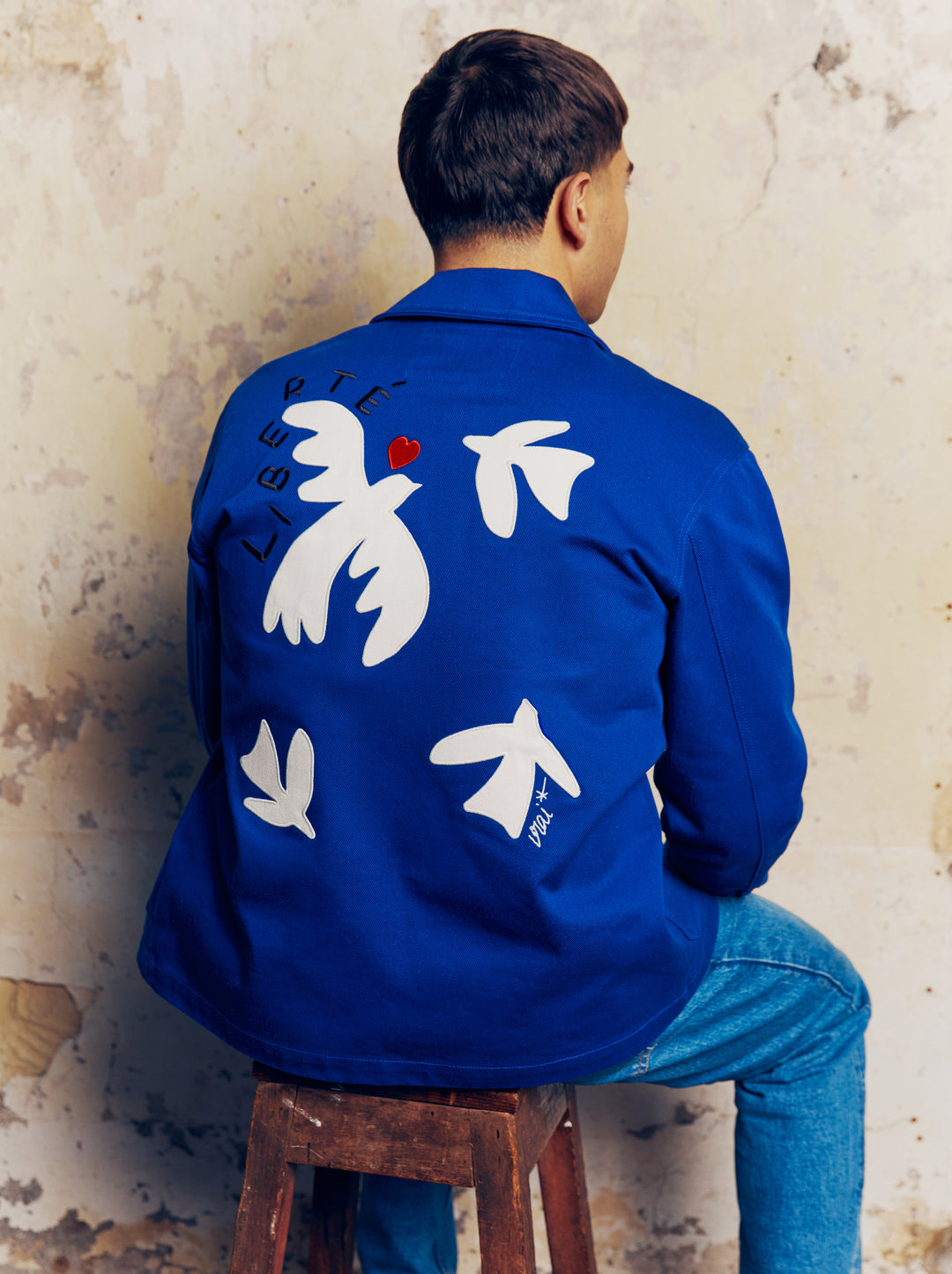 VESTE BLEUE LIBERTÉ OISEAUX COEUR BLEU OUTREMER VIANNEY VRAI