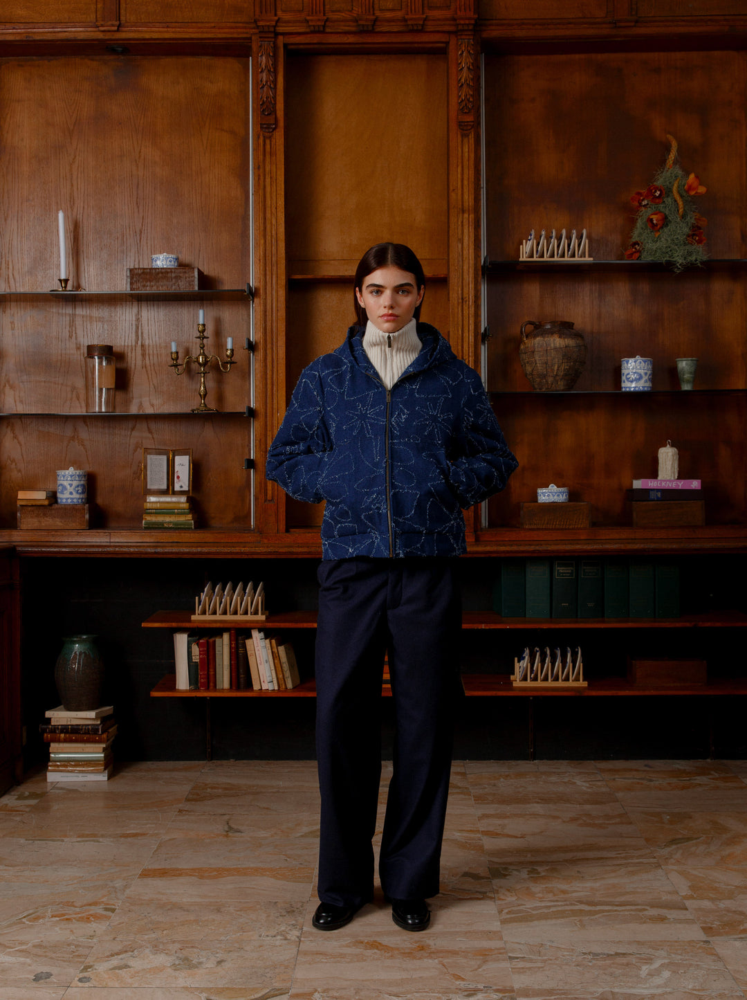 Blouson à capuche unisexe FLEURS D'HIVER denim aiguilleté