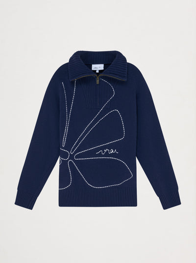 Pull unisexe bleu col cheminée zippé brodé FLEUR – Vrai Création