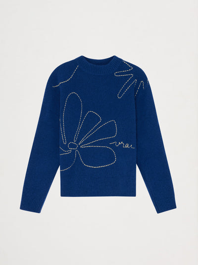 Pull unisexe col rond bleu brodé CROQUIS en laine – Vrai Création