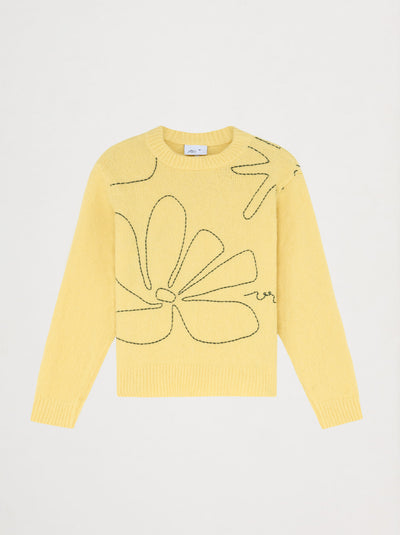 Pull unisexe col rond jaune brodé CROQUIS en laine – Vrai Création