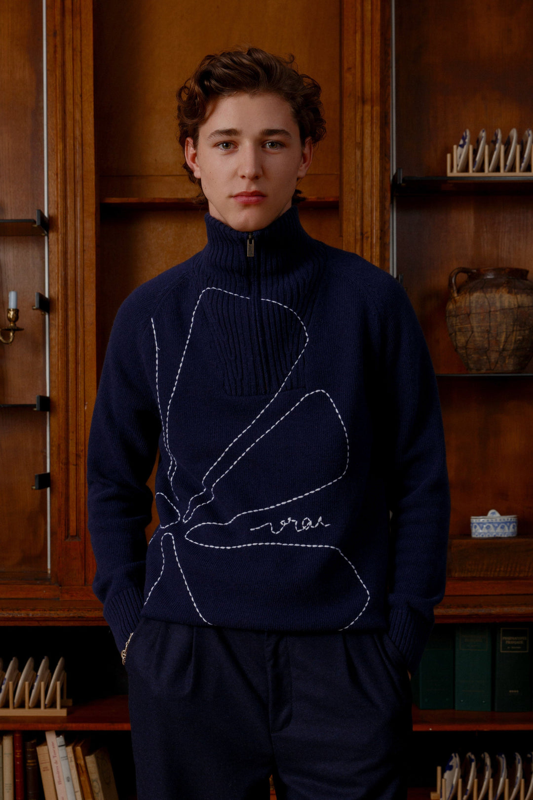 Pull unisexe col cheminée FLEUR bleu