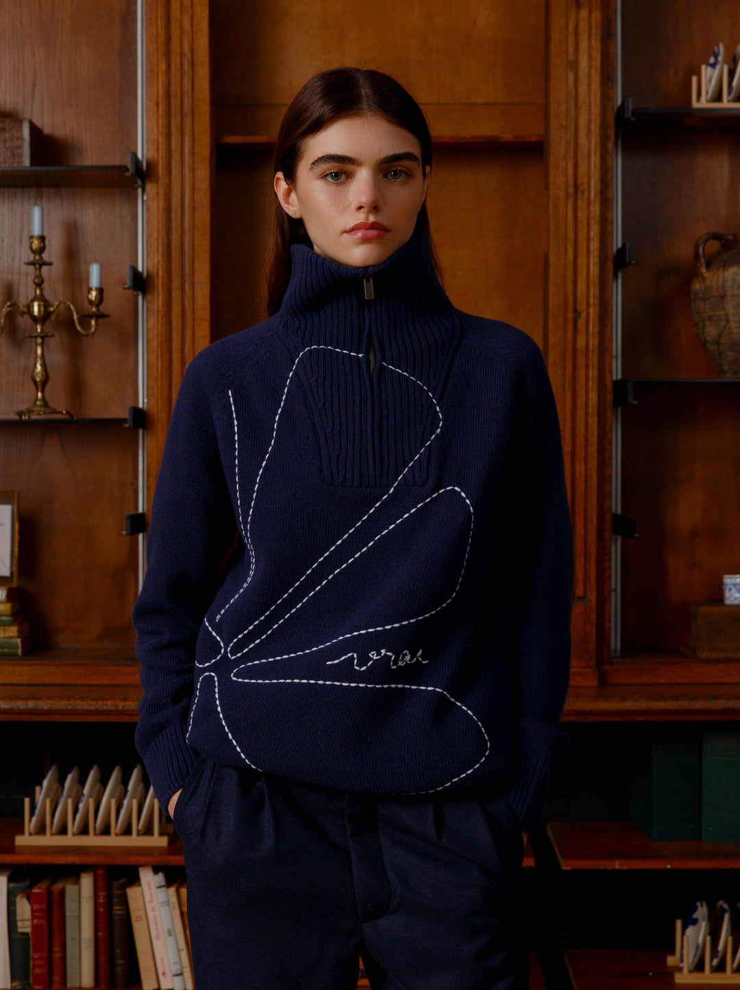 Pull unisexe col cheminée FLEUR bleu