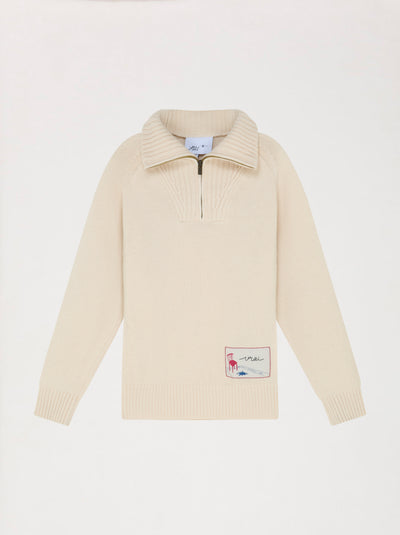 Pull unisexe col cheminée zippé PATCH CLUB écru – Vrai Création