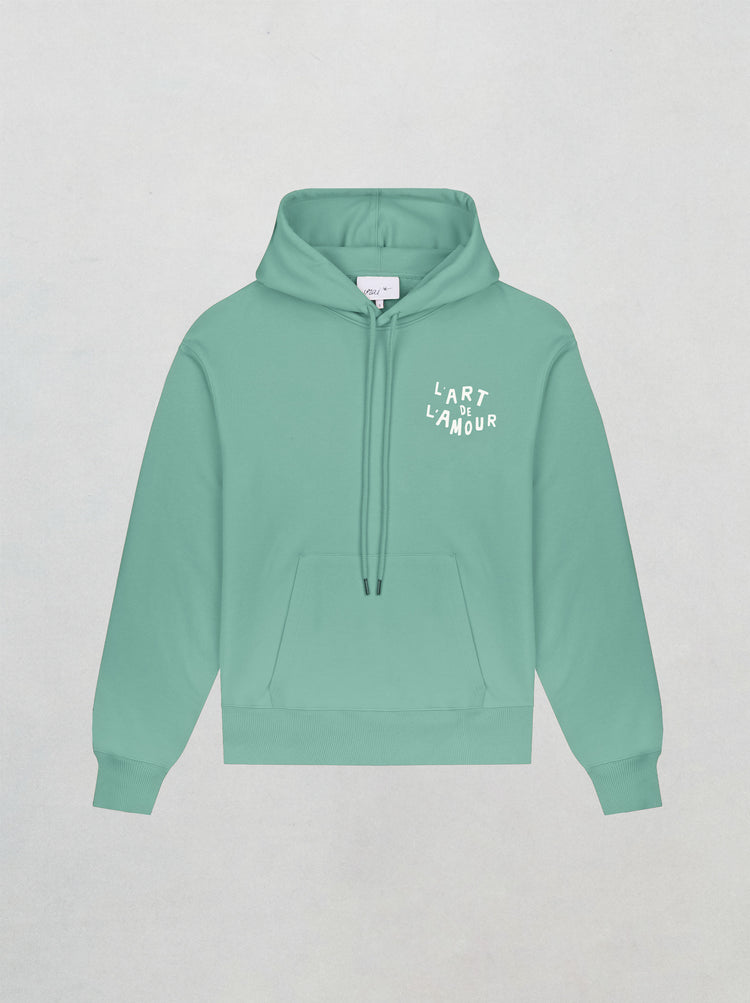 sweat capuche l'amour de l'art vert coton biologique unisexe